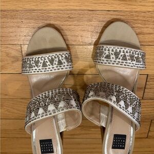 White House Black Market Cream Slide Sandals with Silver Beading